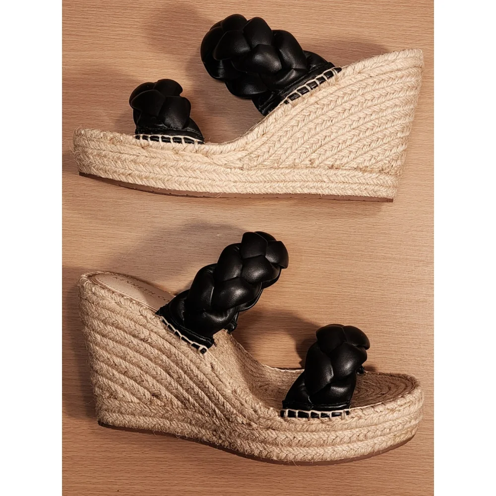 Kenneth Cole Black Braided Strap Espadrille Wedge fits 9 M